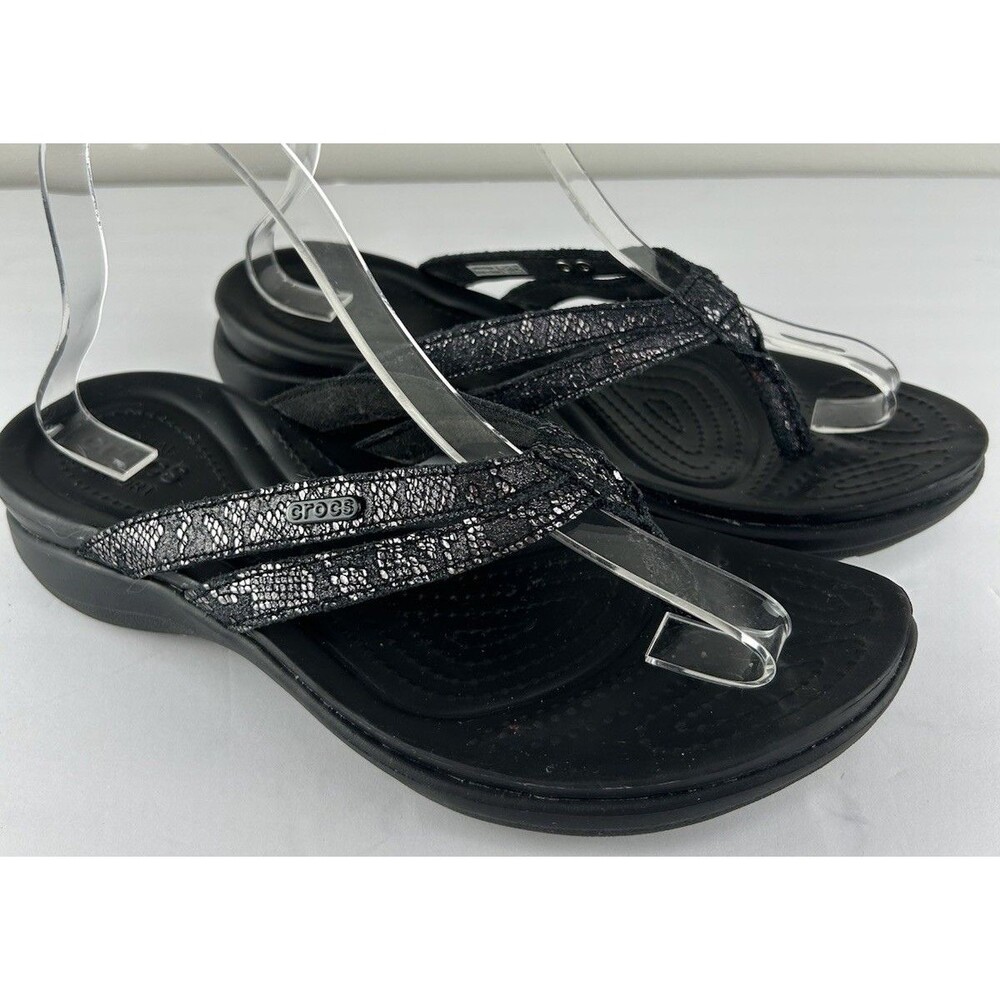 Crocs Capri V Strappy Flip Flop Sandals W Size 9 Black Shimmer Snakeskin Thong